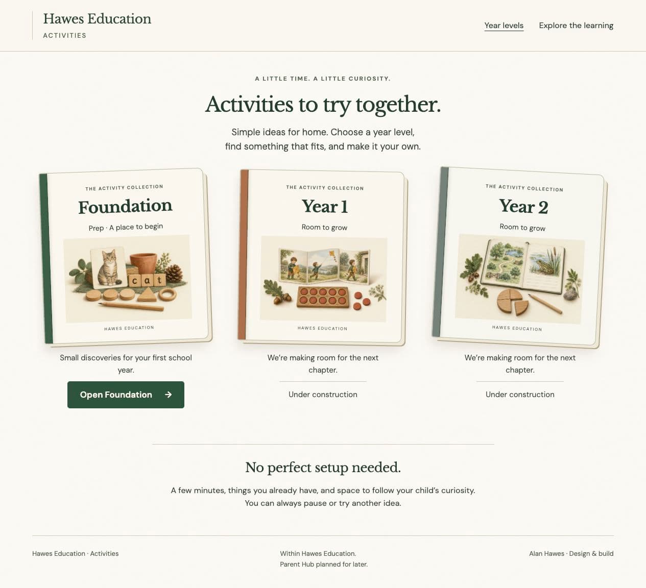 The Hawes Education collection page. Foundation has an Open Foundation button; Year 1 and Year 2 are marked Under construction.