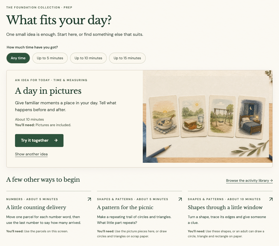 Foundation activity chooser with time filters, A day in pictures, and three alternatives for counting, patterns and shapes.